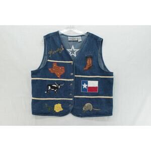 VTG Rhythm Blues Denim Vest Womens XL Embroidered Texas Symbols Novelty Cotton
